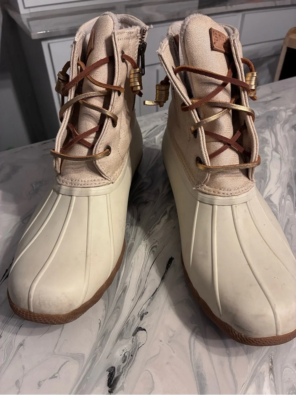 Women's Sperry Cream Gold Glitter Duck Boots with Brown Sole